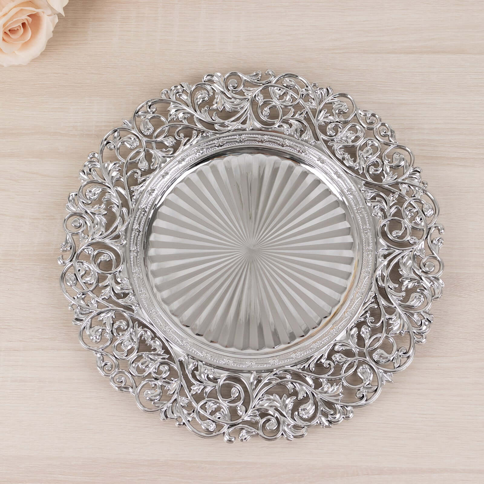 6-Pack Acrylic Charger Plates 13" Round Silver with Vintage Floral Carved Rim - Event Tabletop Decorative Charger Tableware