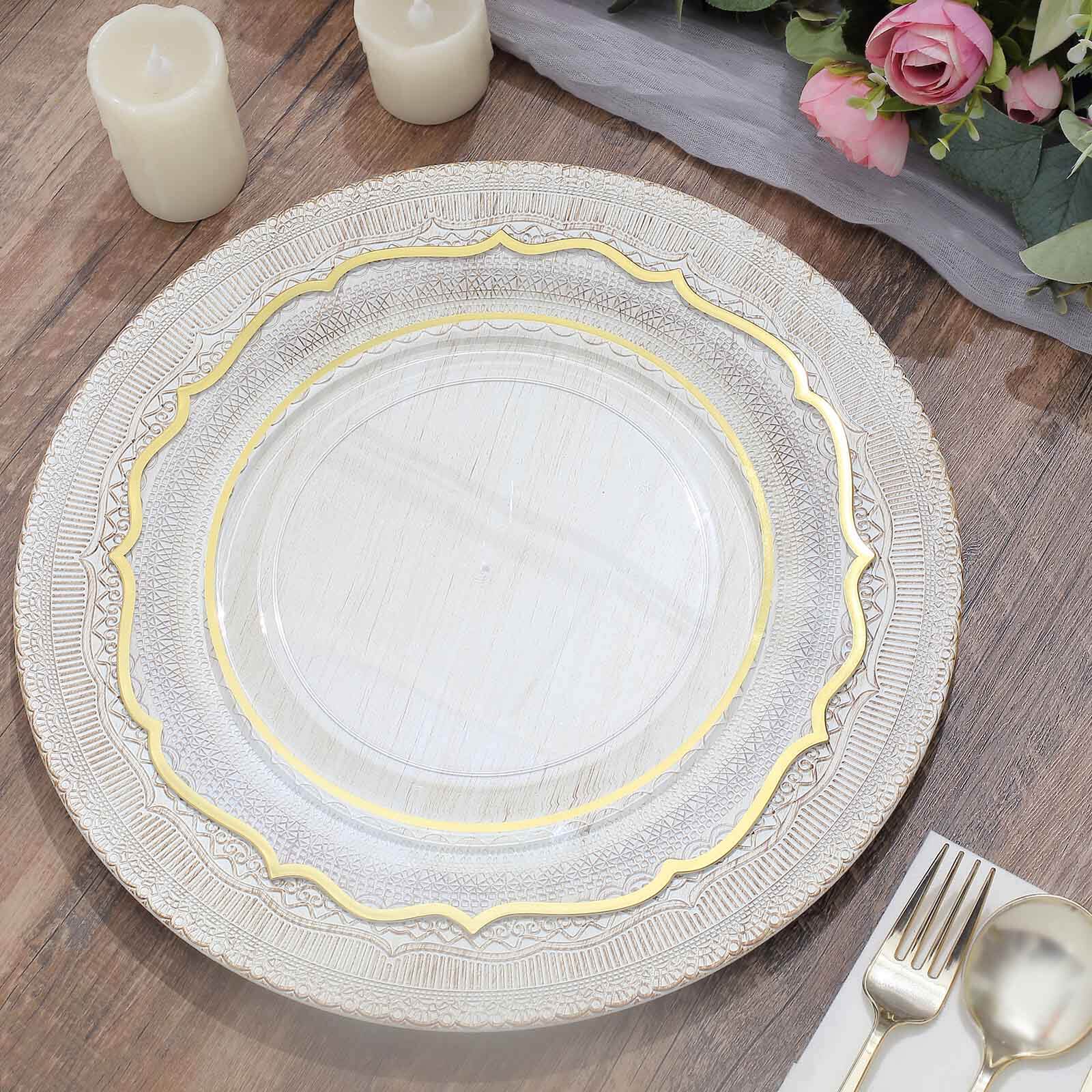 6-Pack Acrylic Charger Plates 13" Round White Lace Embossed Rim - Rustic Plastic Decorative Charger Tableware - Image 9
