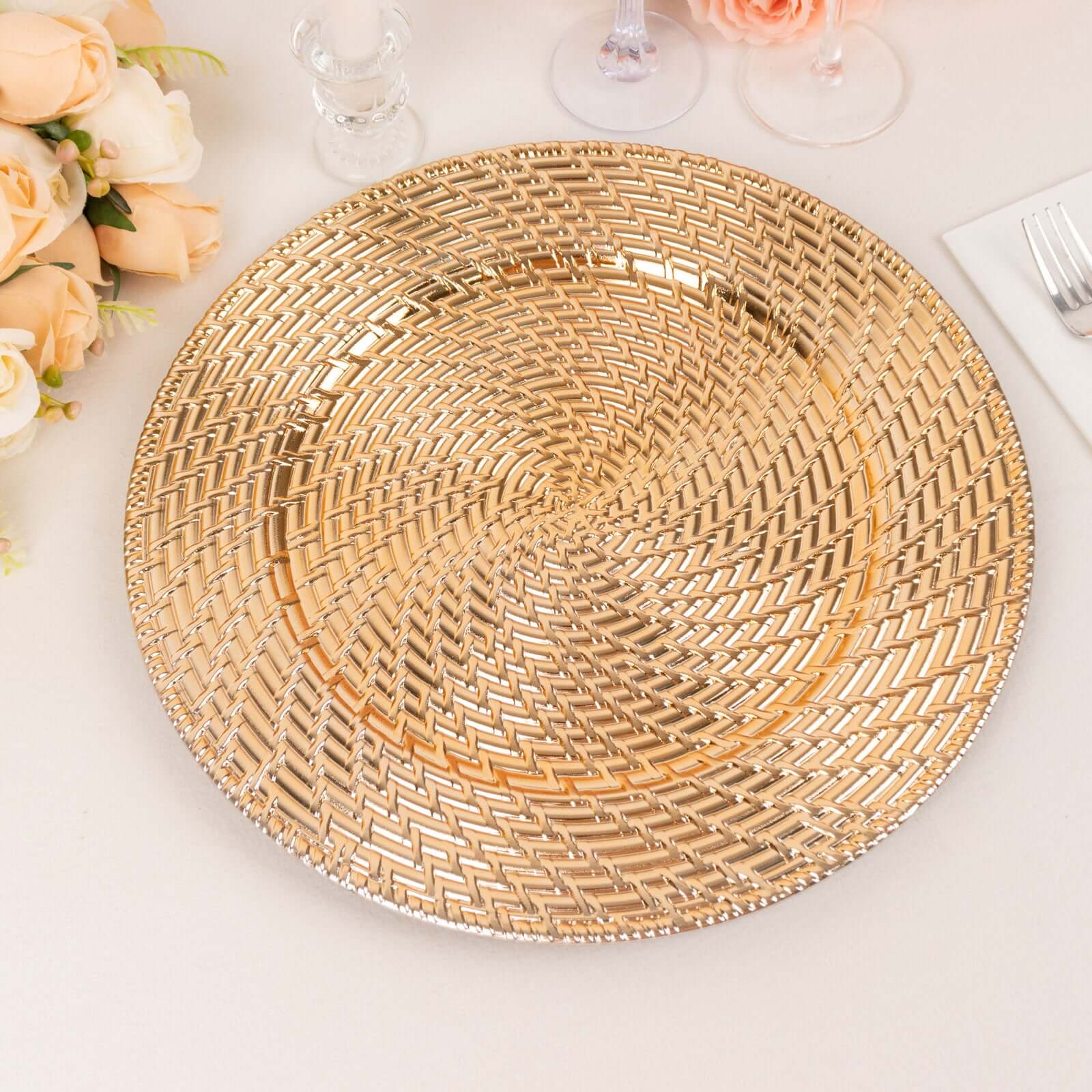 6-Pack Acrylic Charger Plates 13" Round Metallic Gold with Swirl Rattan Pattern - Farmhouse Plastic Charger Tableware - Image 5